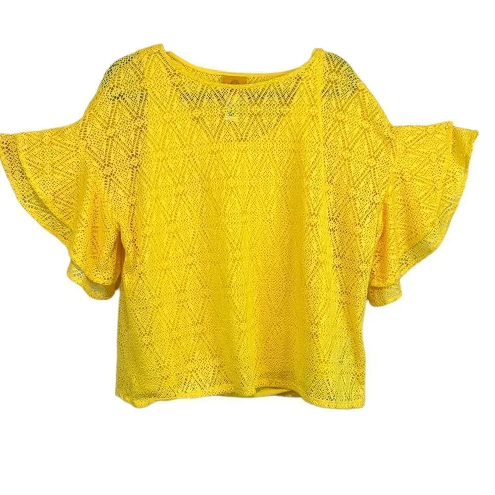 Ruby Rd Yellow Crochet Overlay Top - Picture 1 of 8